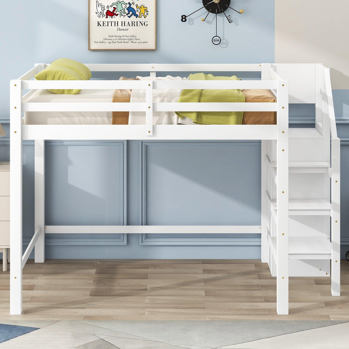 Full Size Loft Bed with Built-in Storage Wardrobe and Staircase