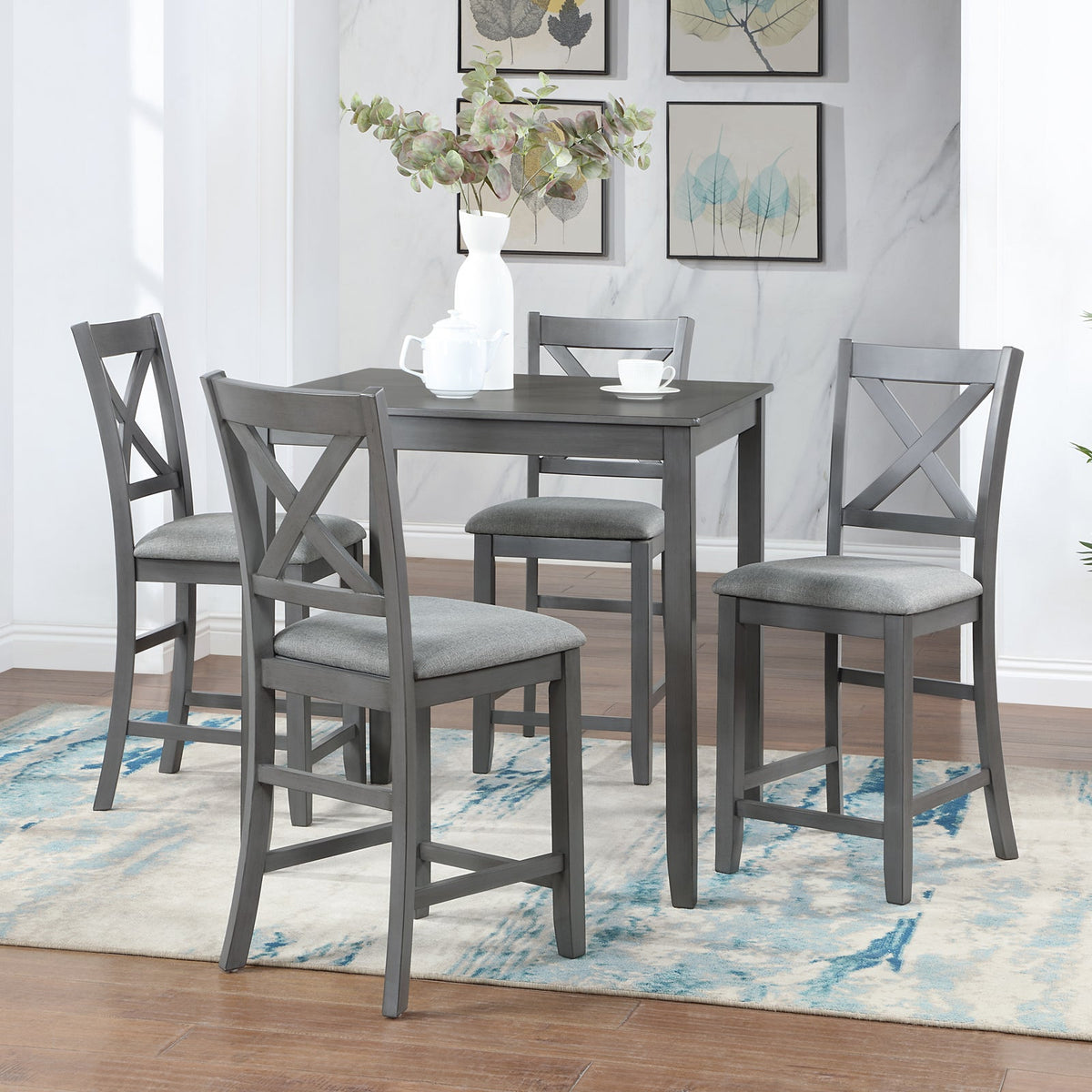 5 Piece Dining Table Set - Wooden Square Table and Upholstered Chairs