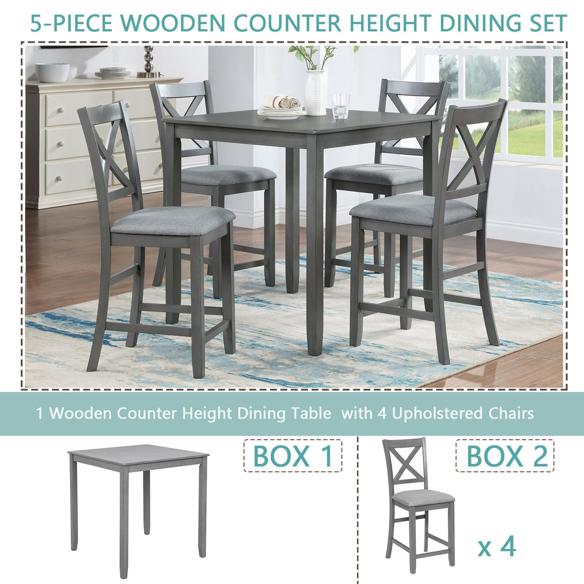 5 Piece Dining Table Set - Wooden Square Table and Upholstered Chairs