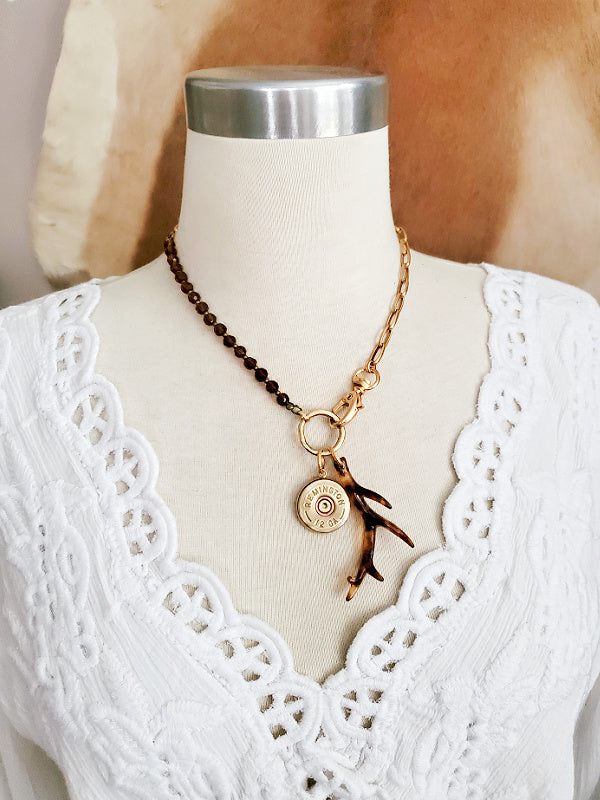 Tortoise Antler & 12 Gauge Topaz Beaded Gold Charm Necklace