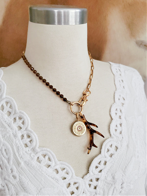 Tortoise Antler & 12 Gauge Topaz Beaded Gold Charm Necklace