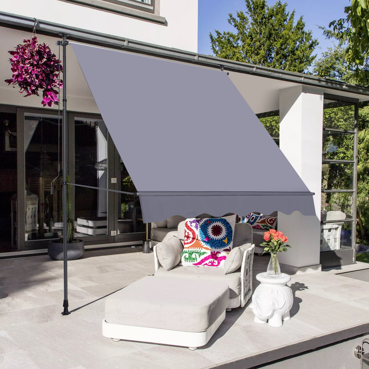 Manual Retractable Awning - 118'' Non-Screw Outdoor Sun Shade Cover