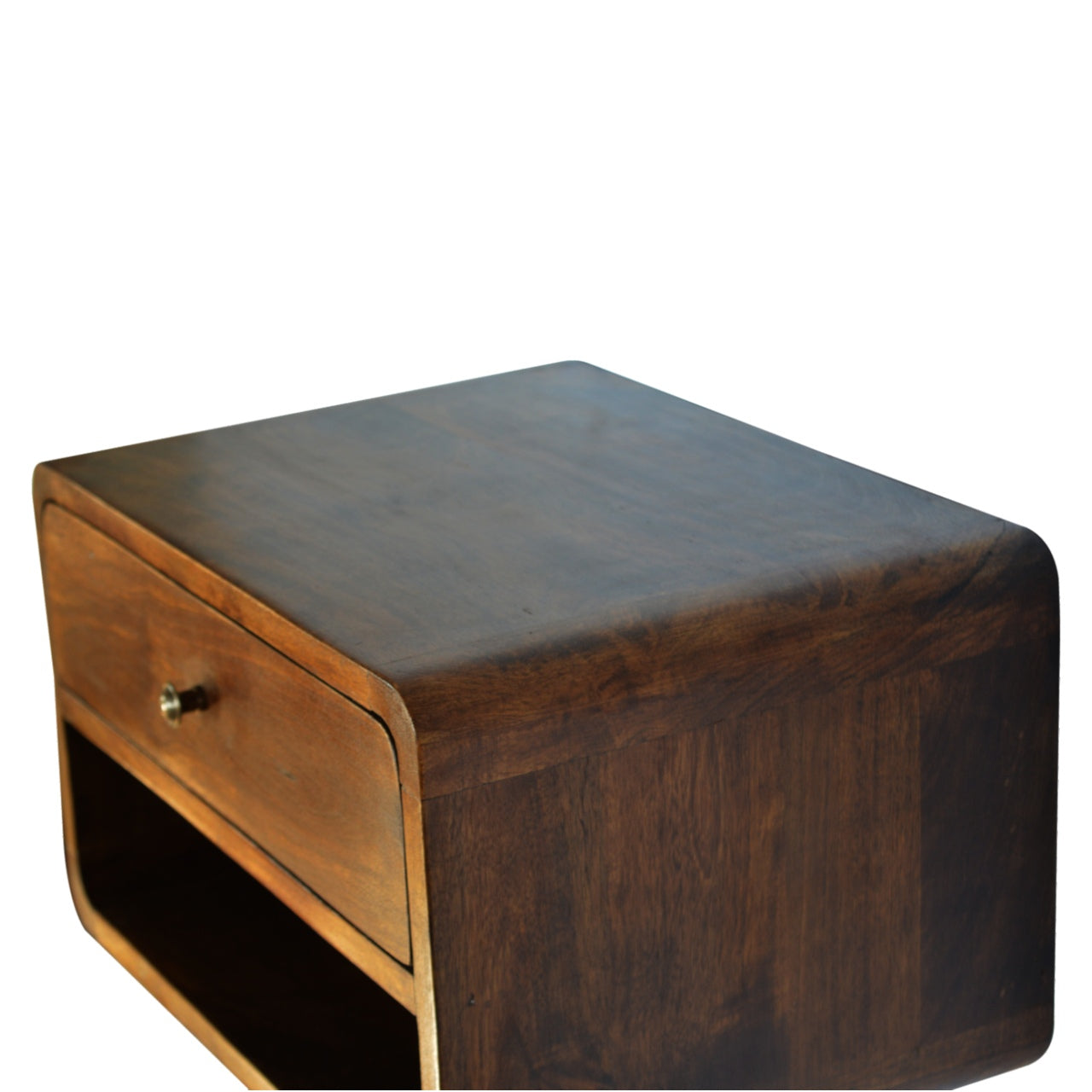 Solid Wood Curve Floating Bedside, 1-Drawer, 1 Open Slot, Chestnut