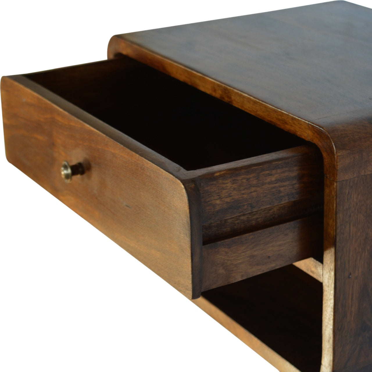 Solid Wood Curve Floating Bedside, 1-Drawer, 1 Open Slot, Chestnut