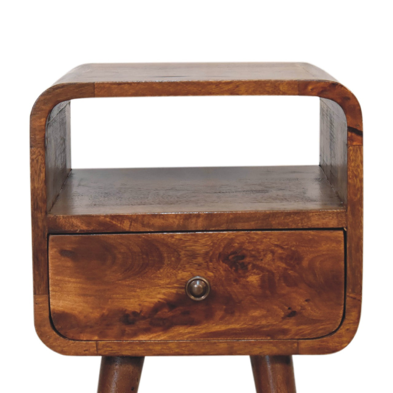 Solid Wood Mini Curve Bedside Nightstand, 1-Drawer, Chestnut