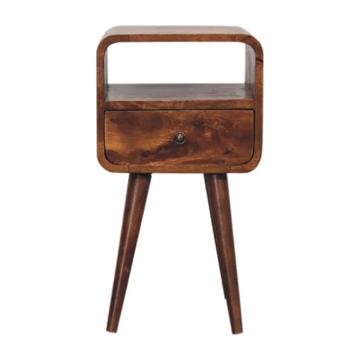Solid Wood Mini Curve Bedside Nightstand, 1-Drawer, Chestnut