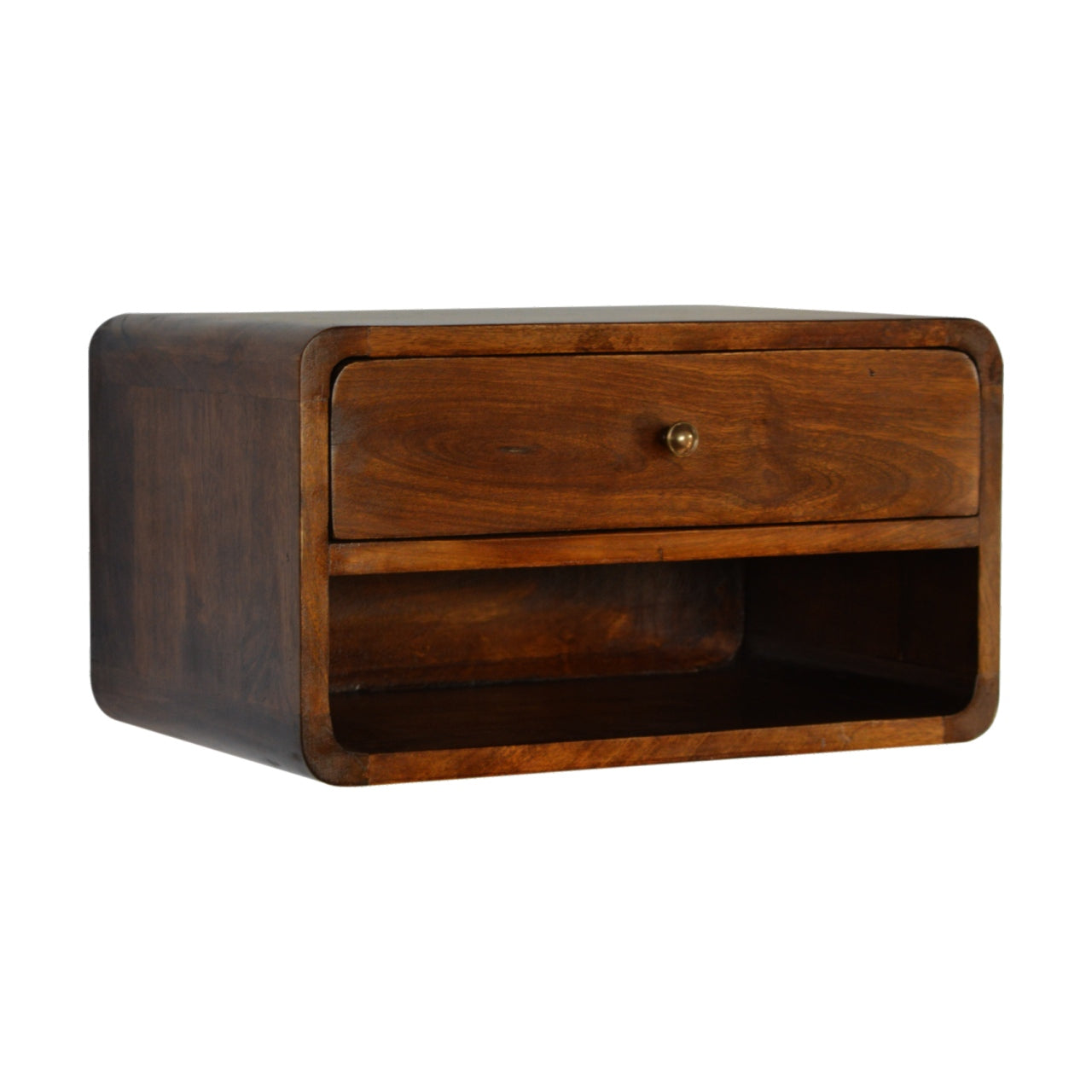 Solid Wood Curve Floating Bedside, 1-Drawer, 1 Open Slot, Chestnut