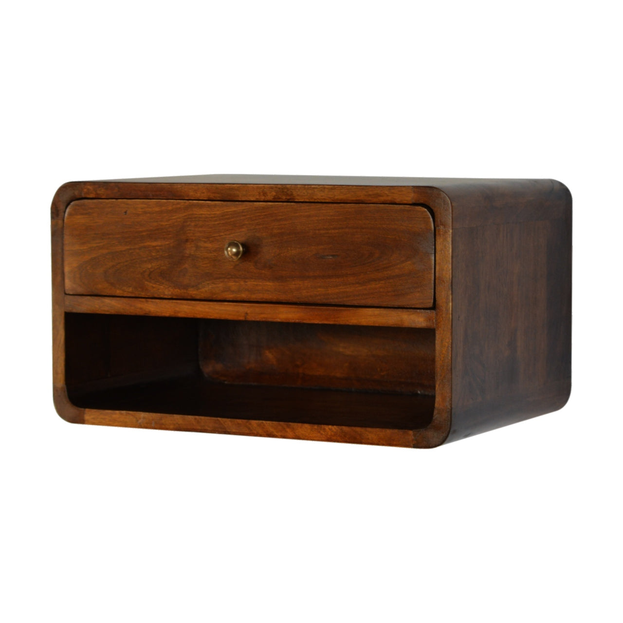 Solid Wood Curve Floating Bedside, 1-Drawer, 1 Open Slot, Chestnut
