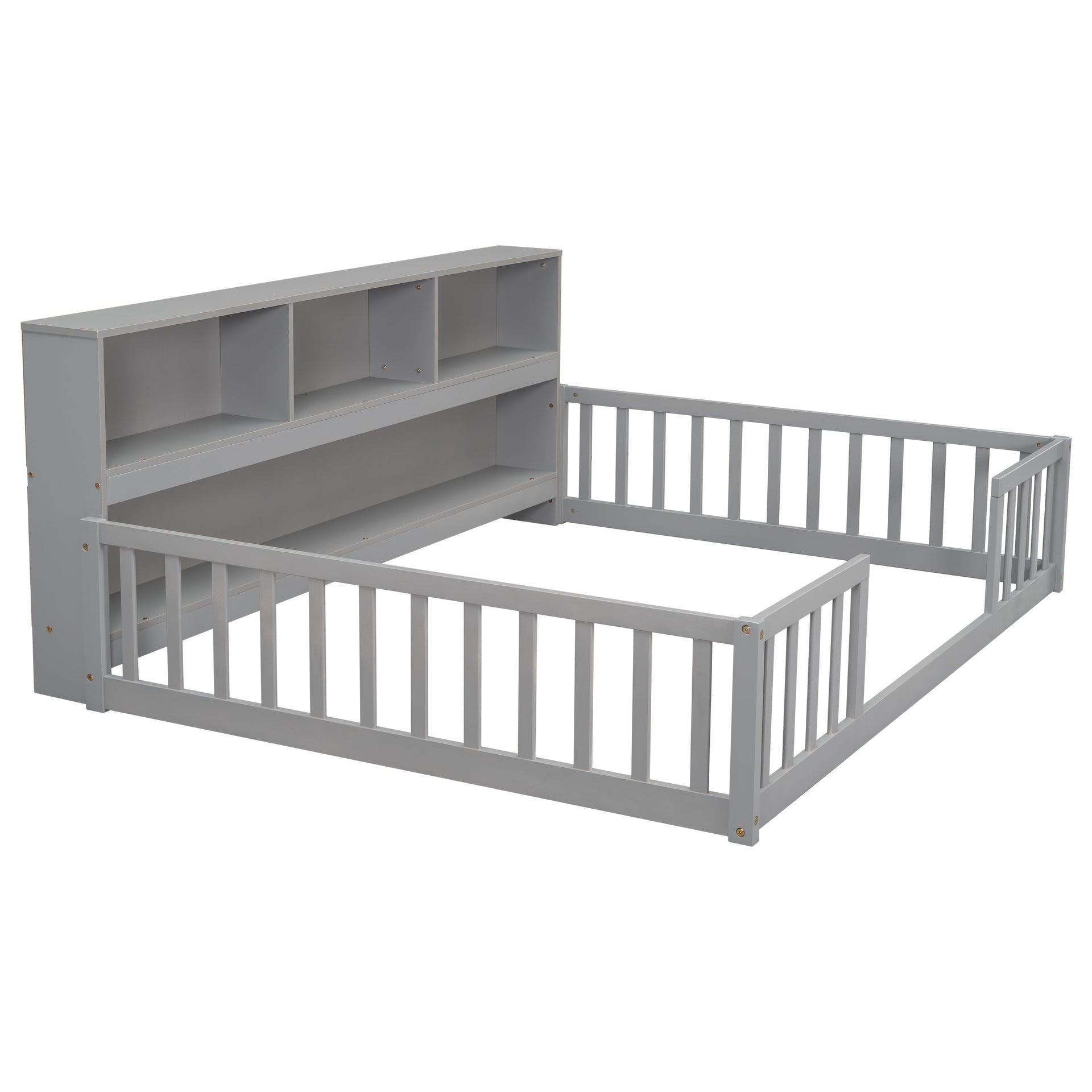 Full Floor Bed With Side Bookcase, Shelves & Guardrails