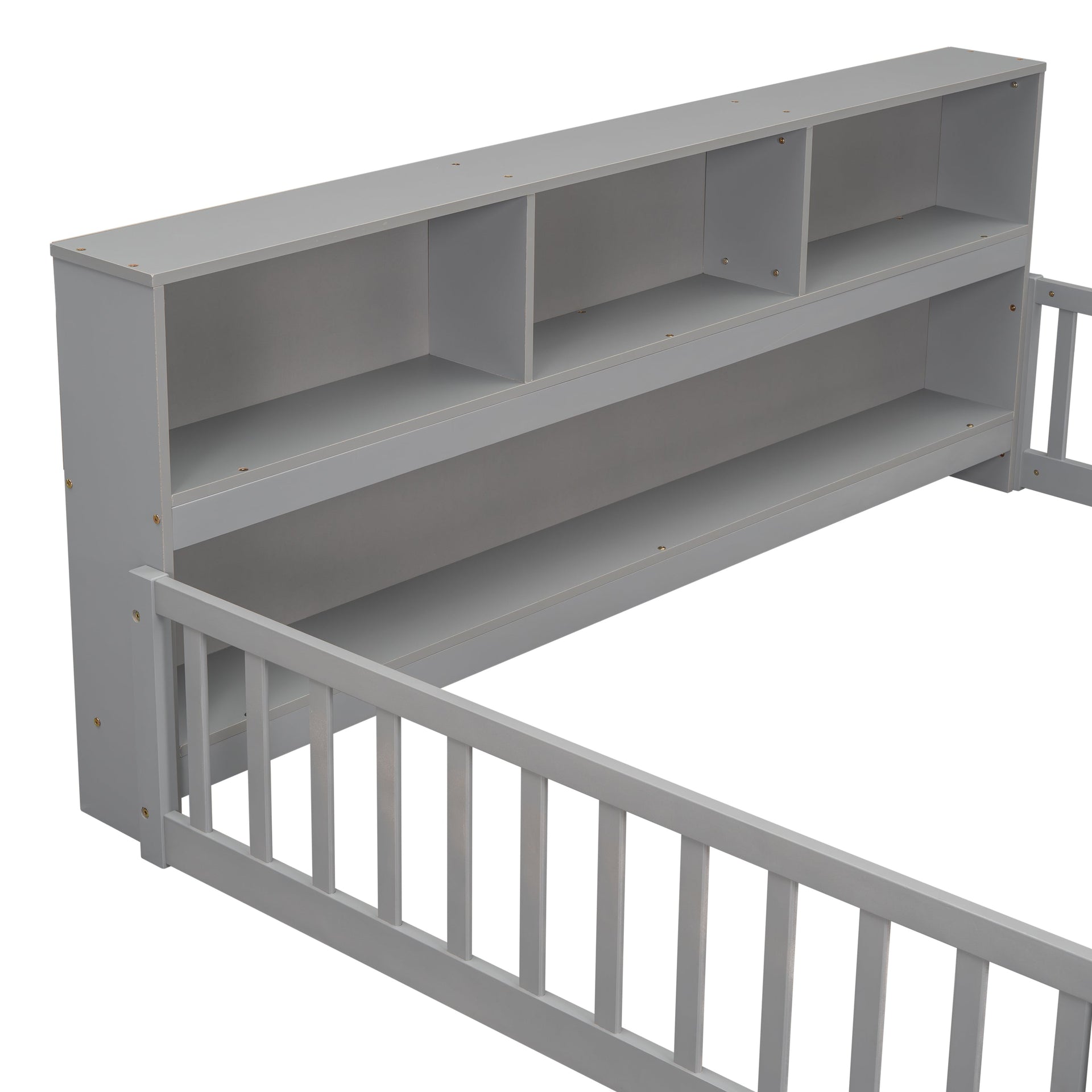 Full Floor Bed With Side Bookcase, Shelves & Guardrails