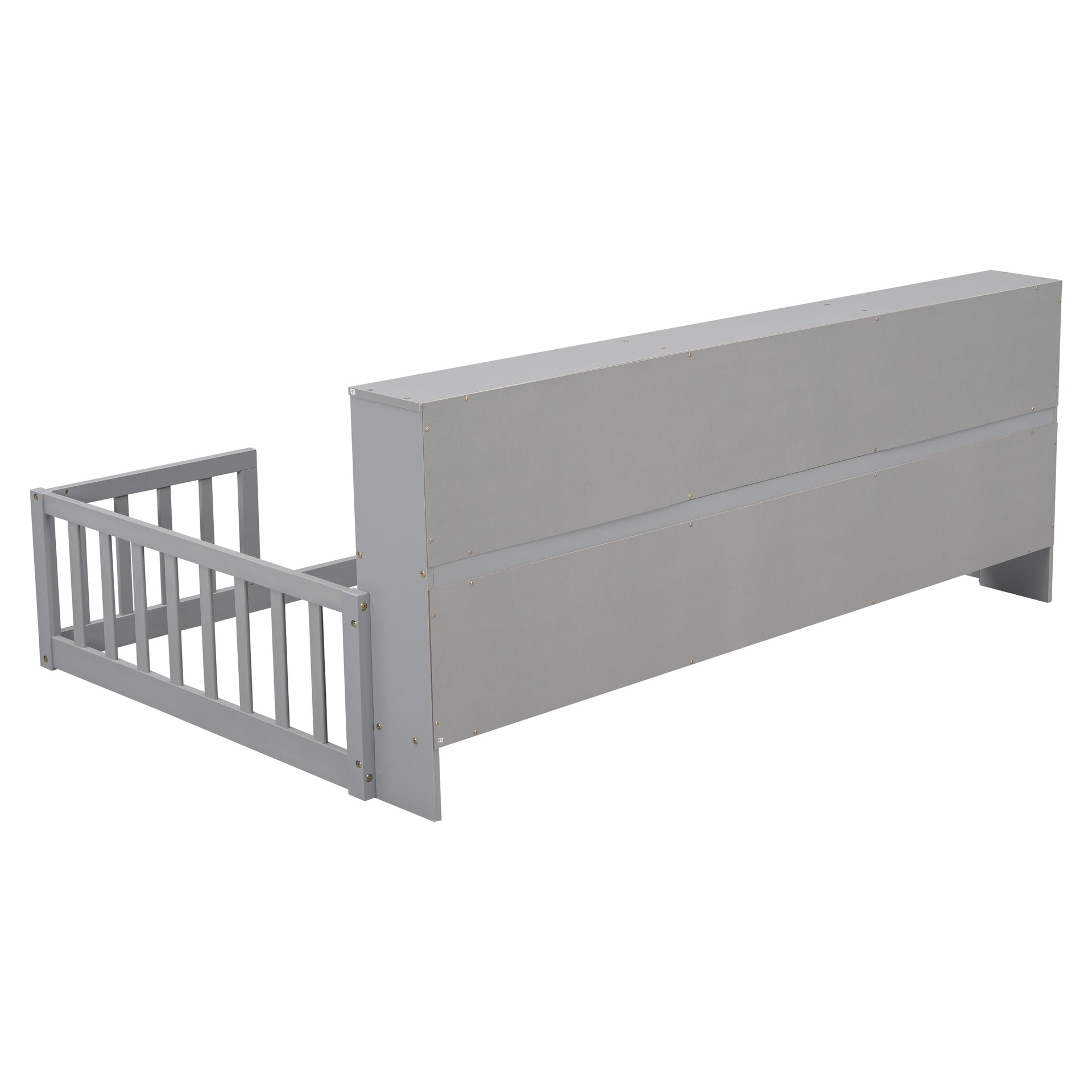 Twin Floor Bed with Bedside Bookcase, Shelves, Guardrails