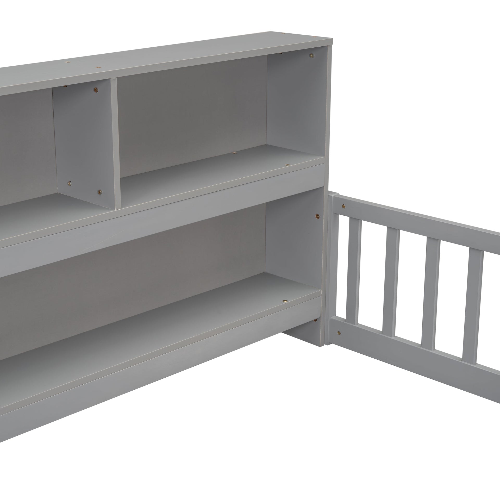 Full Floor Bed With Side Bookcase, Shelves & Guardrails