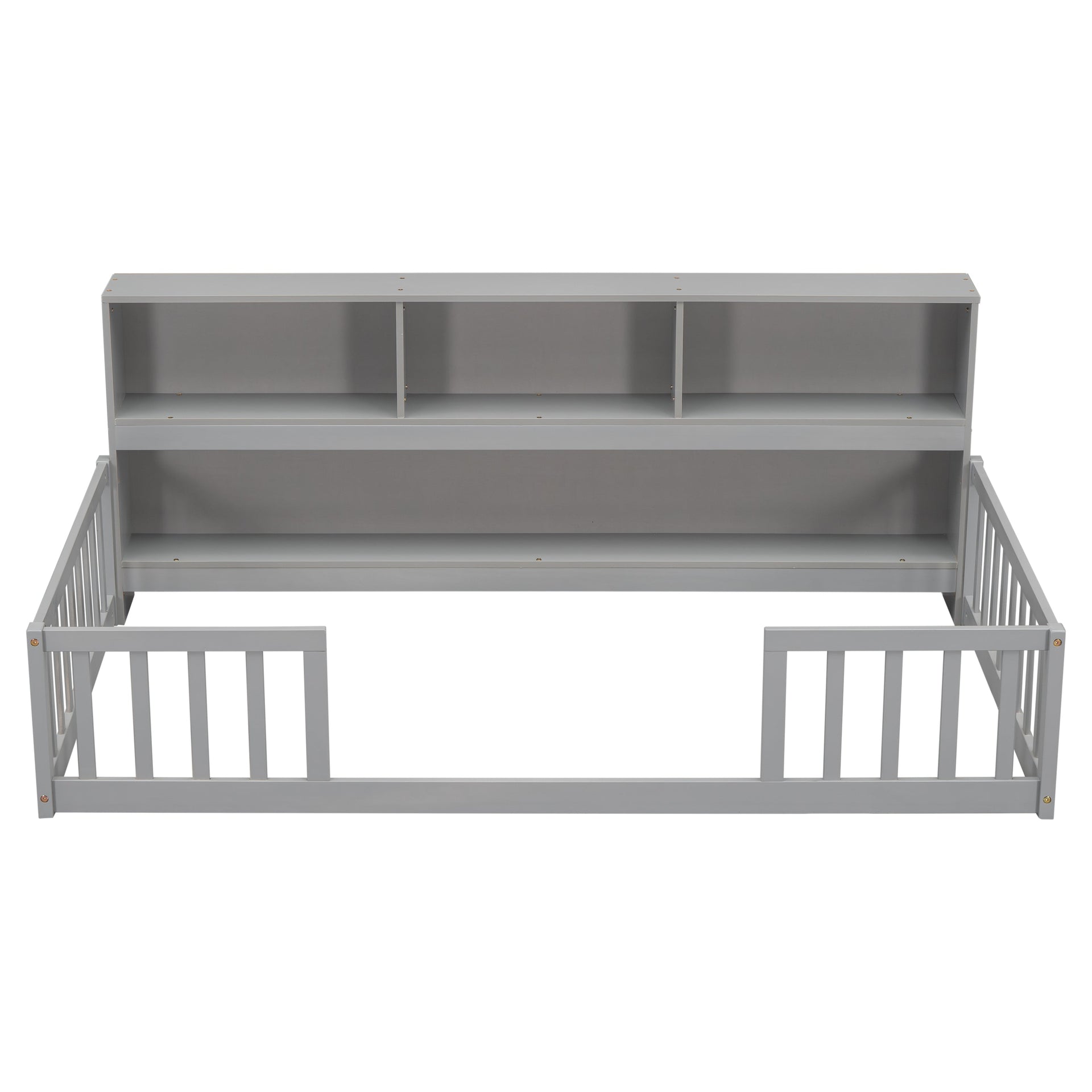 Twin Floor Bed with Bedside Bookcase, Shelves, Guardrails