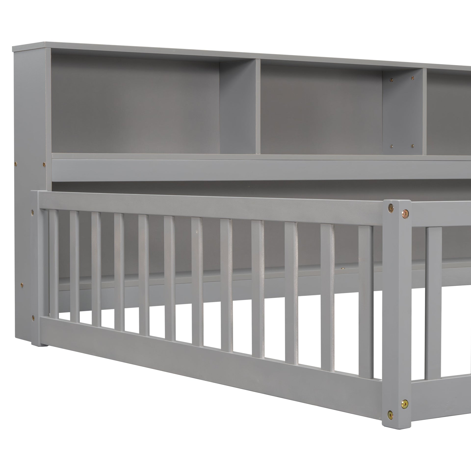 Full Floor Bed With Side Bookcase, Shelves & Guardrails