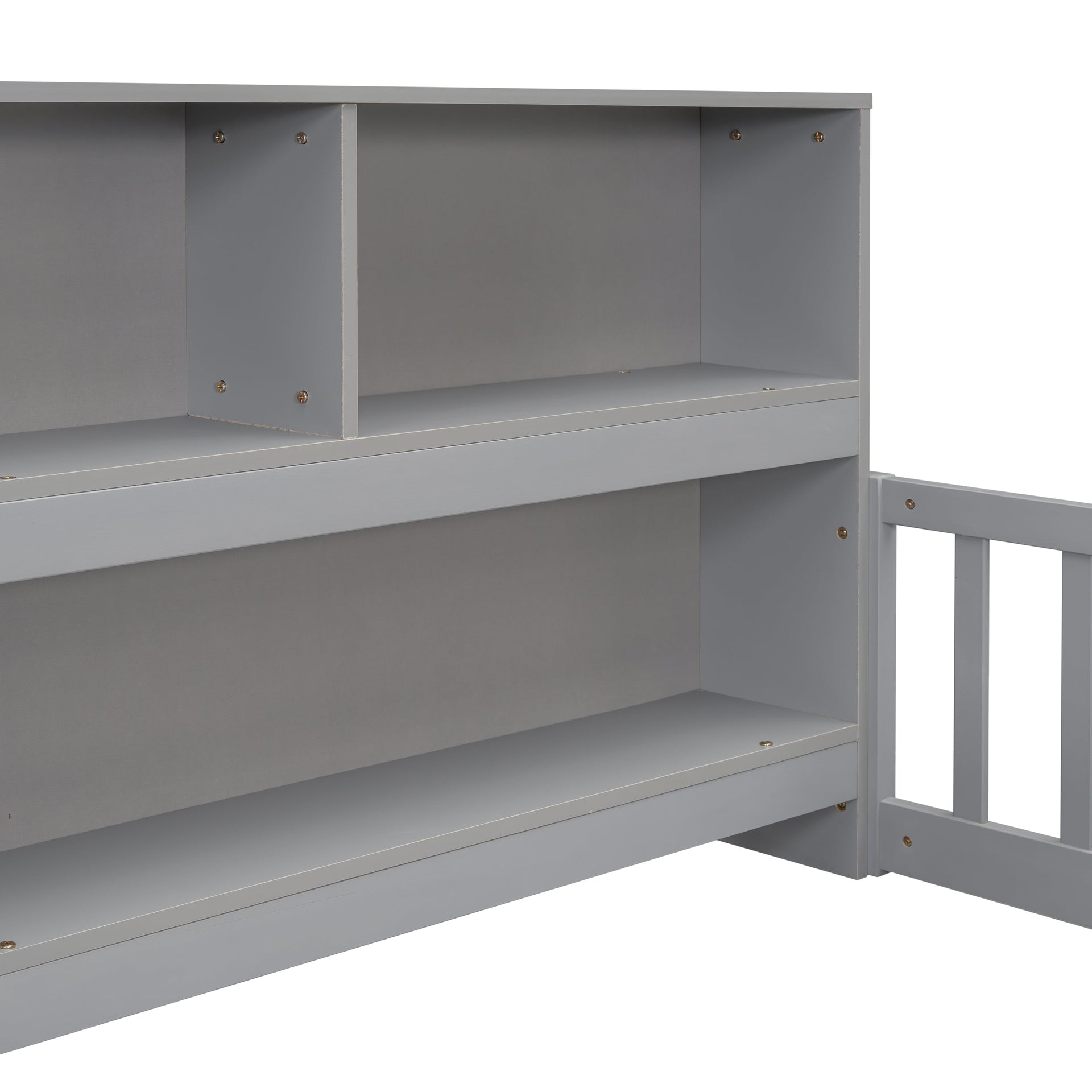 Twin Floor Bed with Bedside Bookcase, Shelves, Guardrails