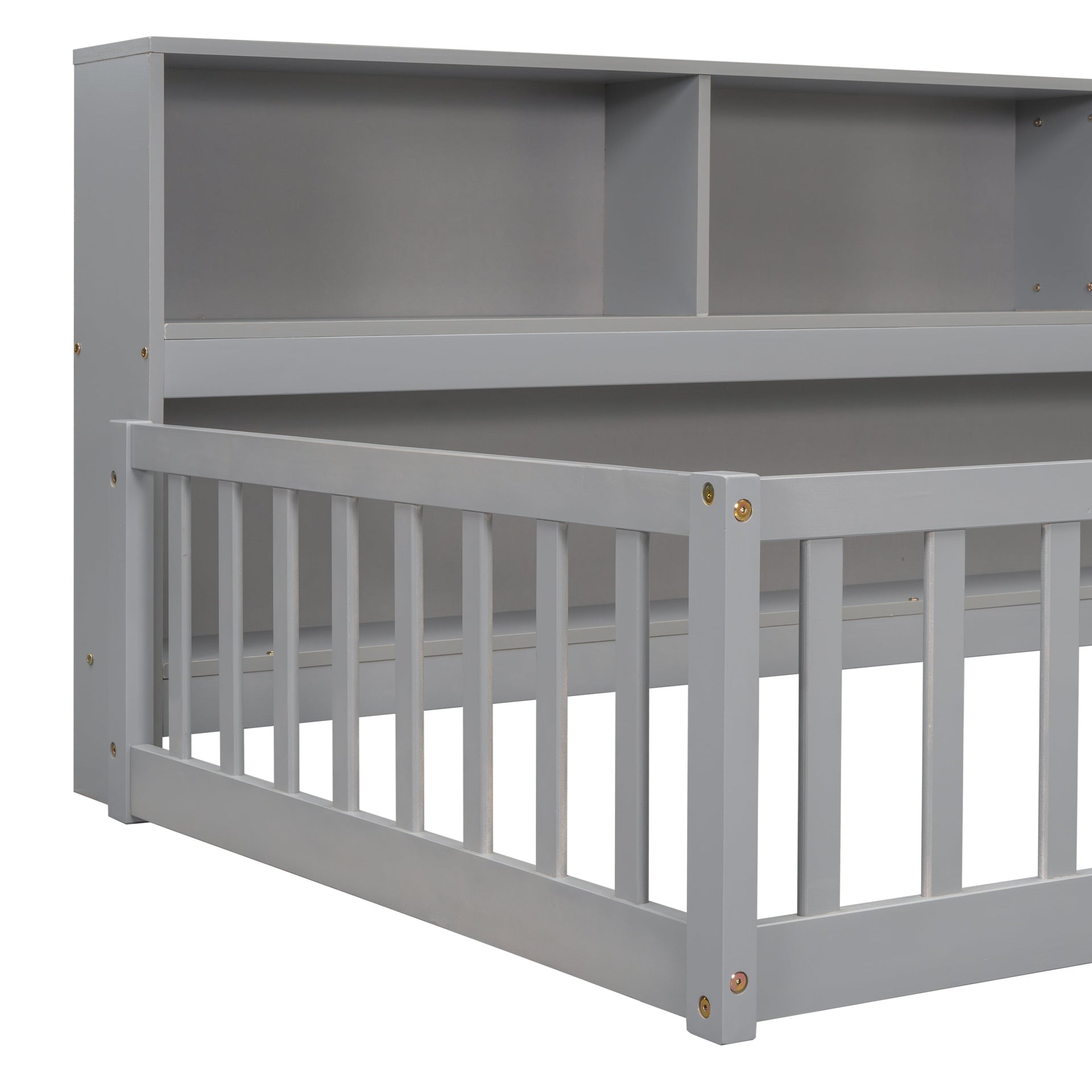 Twin Floor Bed with Bedside Bookcase, Shelves, Guardrails