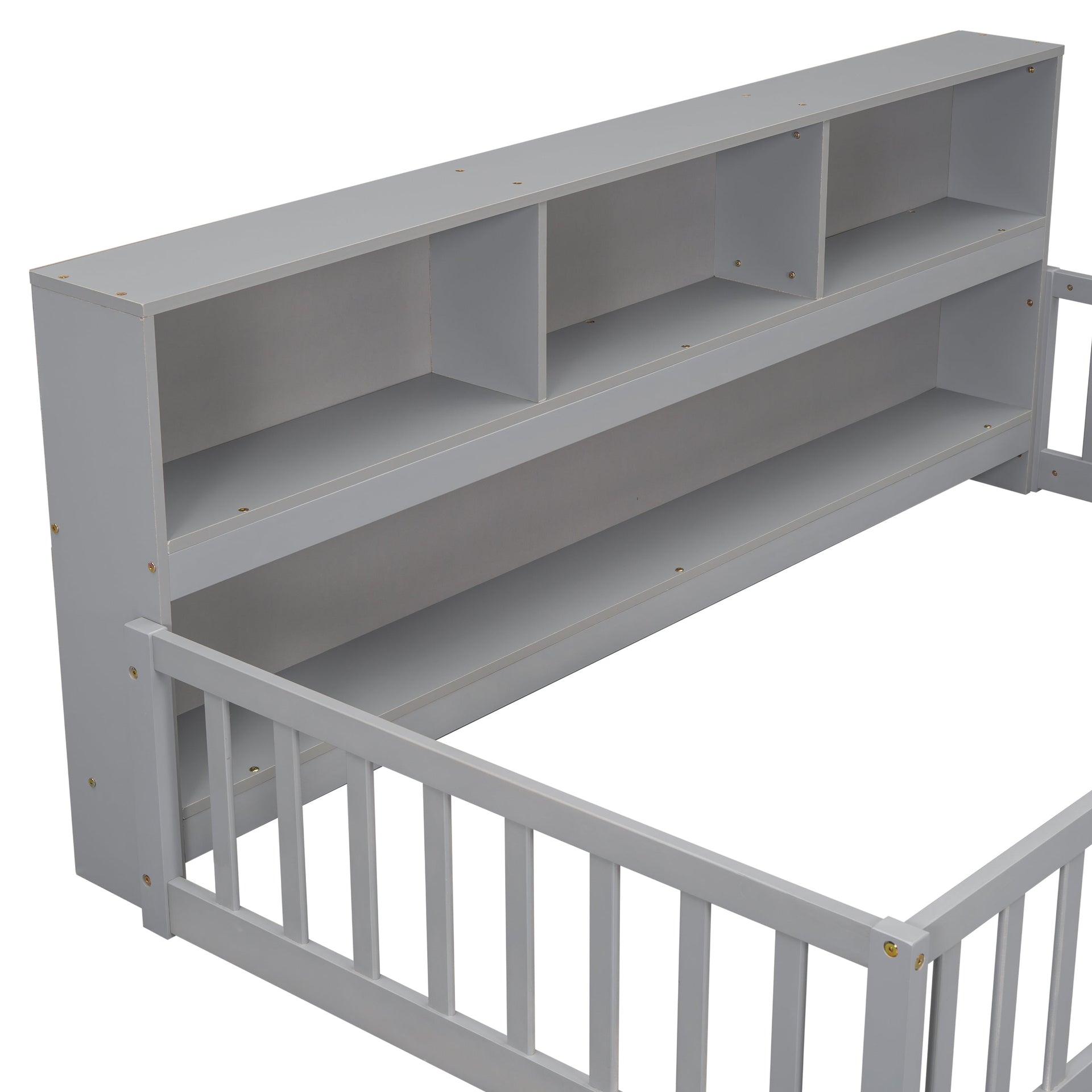 Twin Floor Bed with Bedside Bookcase, Shelves, Guardrails