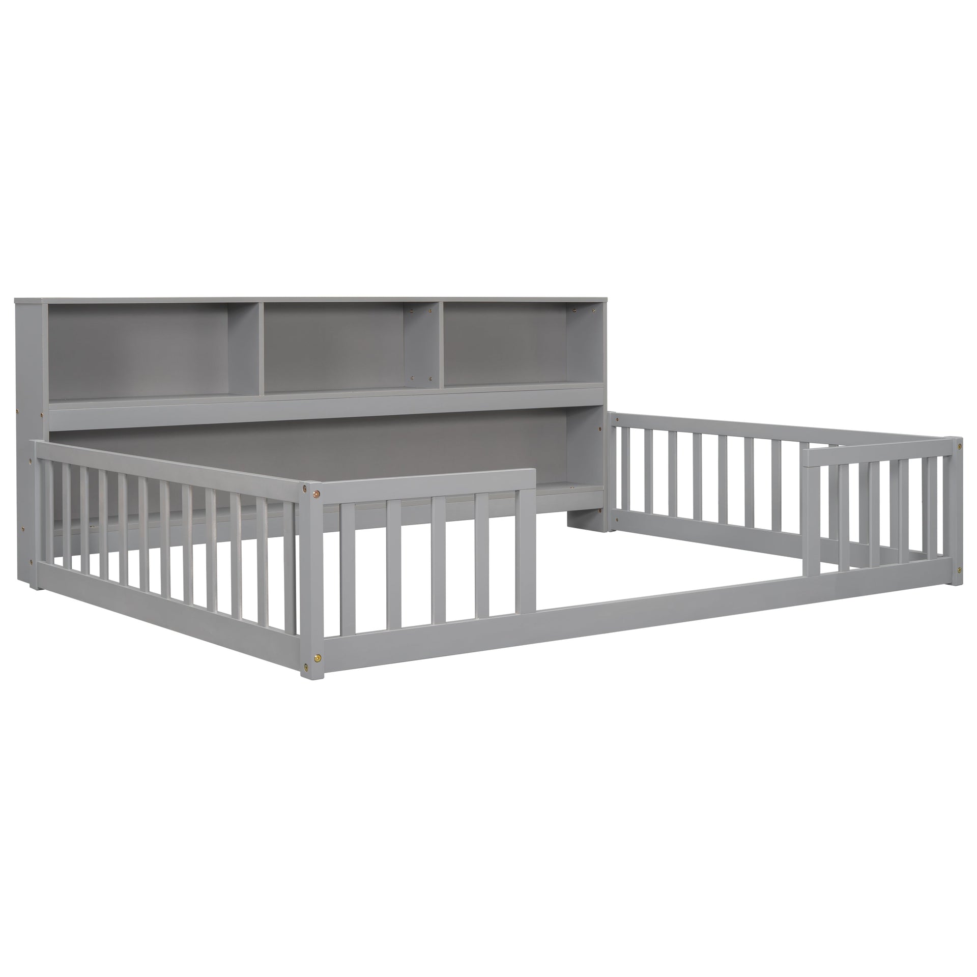 Full Floor Bed With Side Bookcase, Shelves & Guardrails