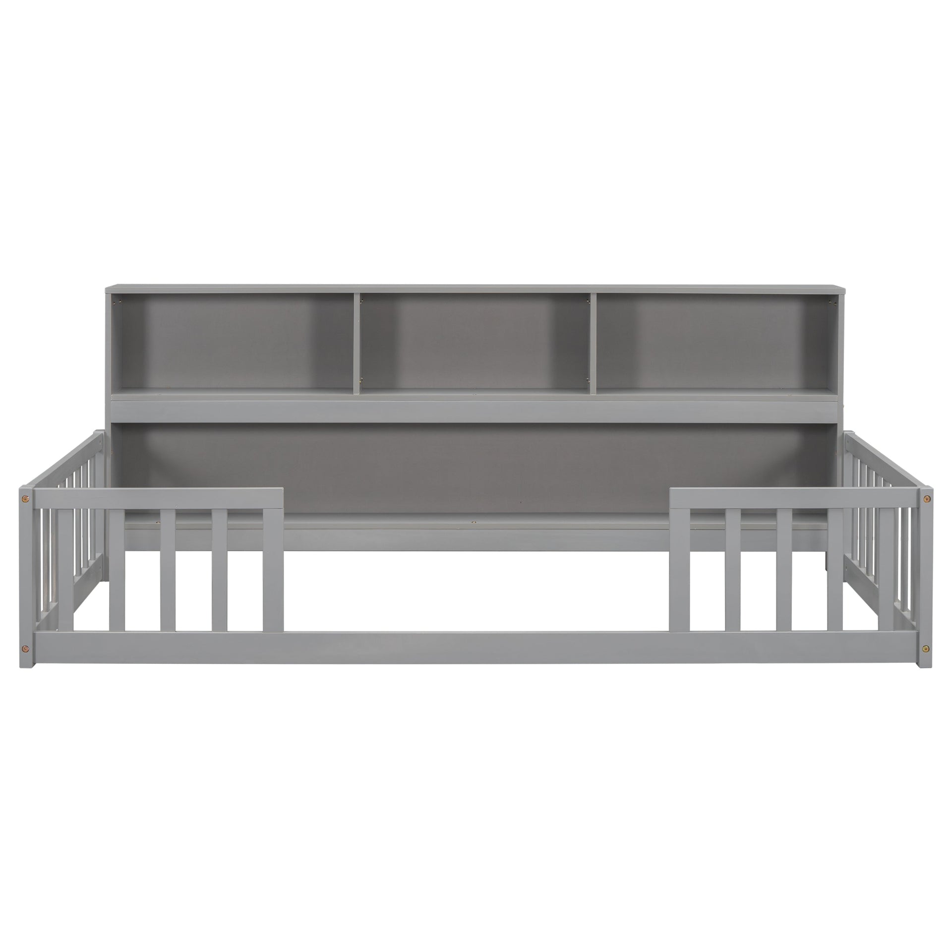 Twin Floor Bed with Bedside Bookcase, Shelves, Guardrails