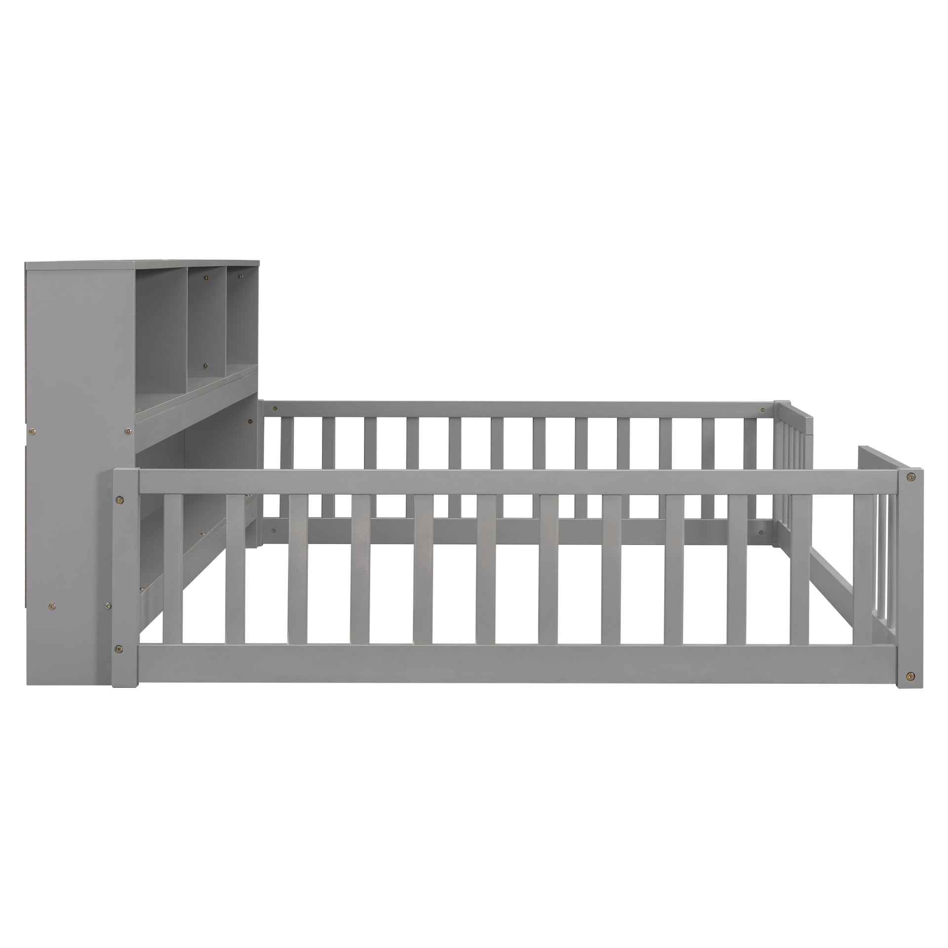 Full Floor Bed With Side Bookcase, Shelves & Guardrails