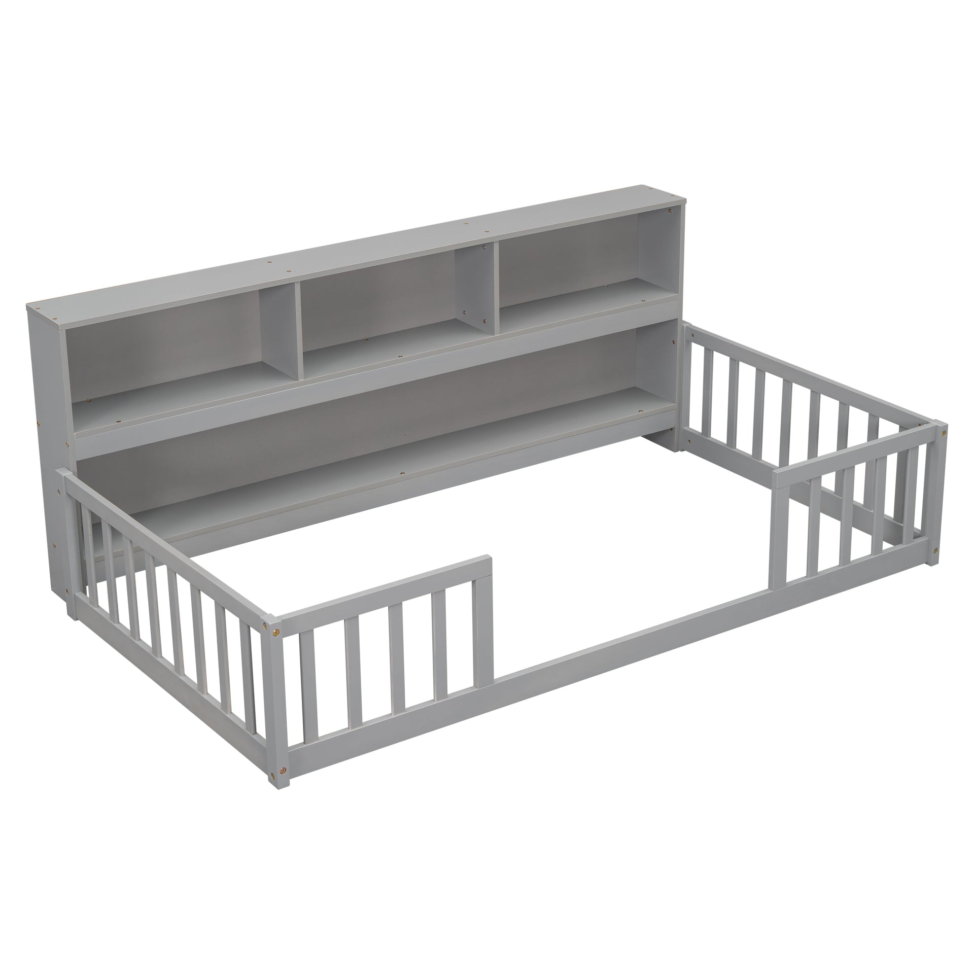 Twin Floor Bed with Bedside Bookcase, Shelves, Guardrails