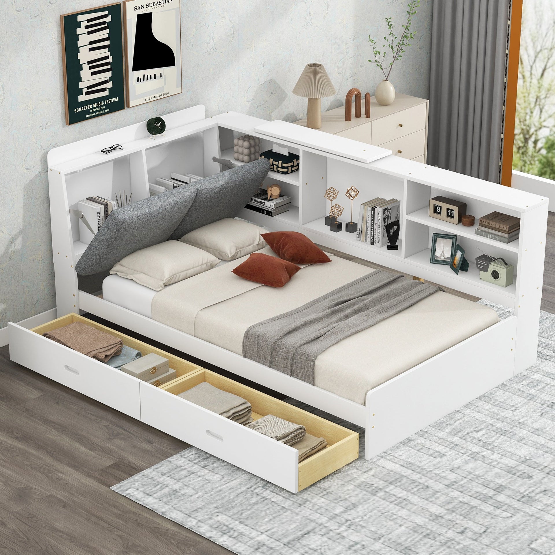 Wood Twin Size Platform Bed with Storage Headboard, Shelves and 2 Drawers