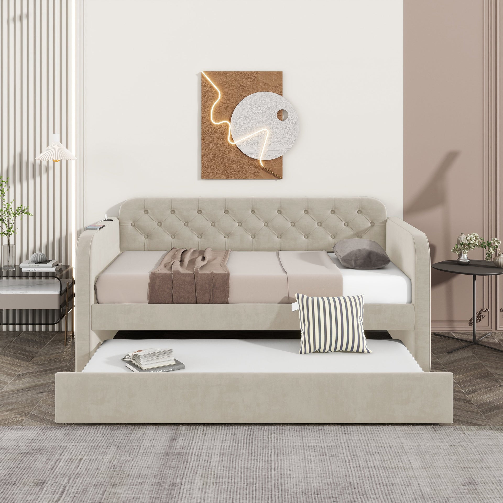 Twin Size Upholstered Daybed with Trundle and USB Charging