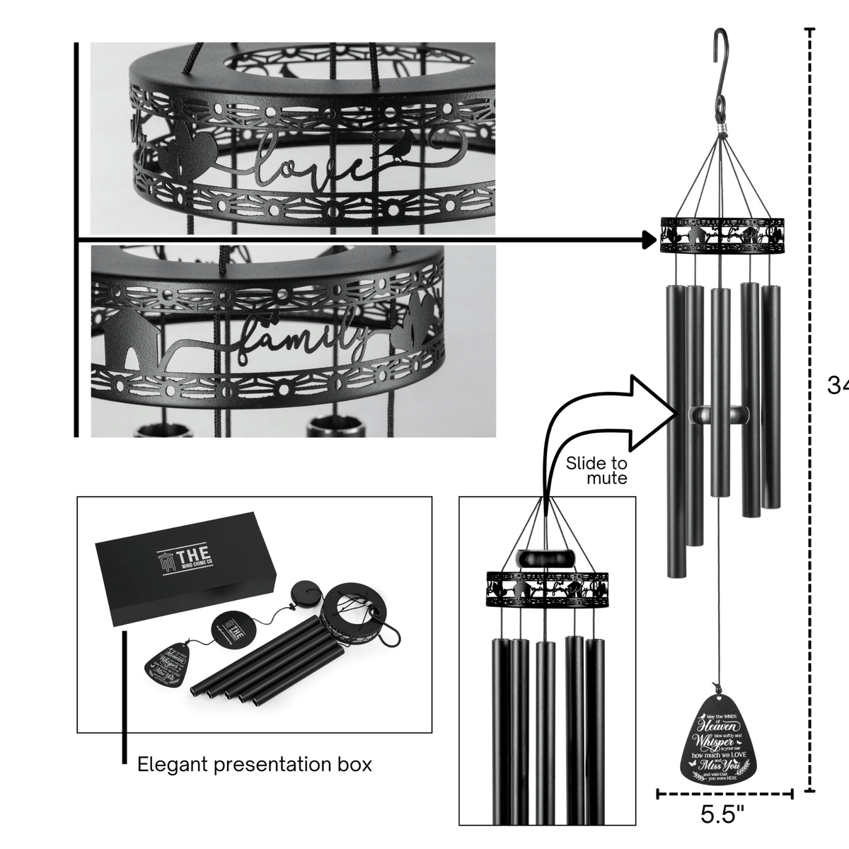 Memorial Serenity Family-Love Wind Chimes, Thoughtful Gift For Special Occasions or Reflections 34”