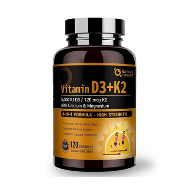 Vitamin D3 K2 Capsules Supplement with Calcium & Magnesium - Max Strength 4 in 1 Formula for Bone, Heart & Immune Support