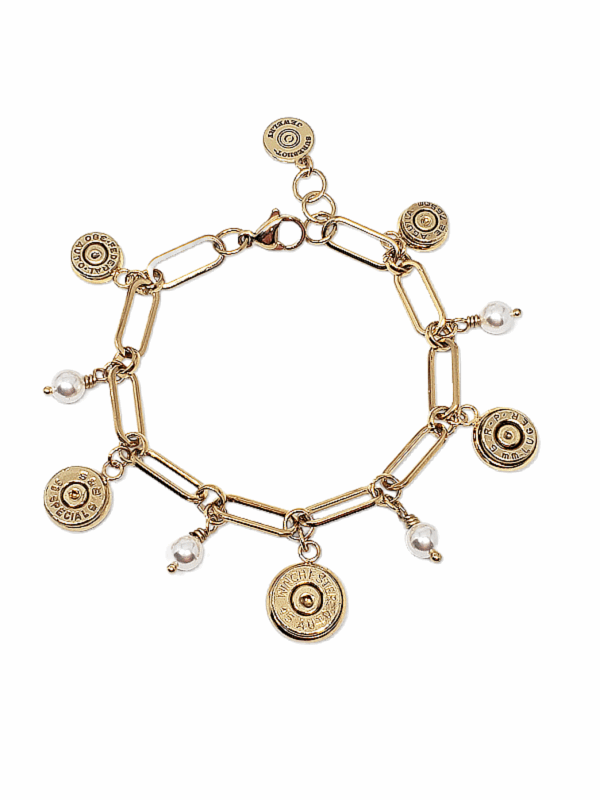 Paperclip Chain Bullet & Pearl Gold Charm Bracelet