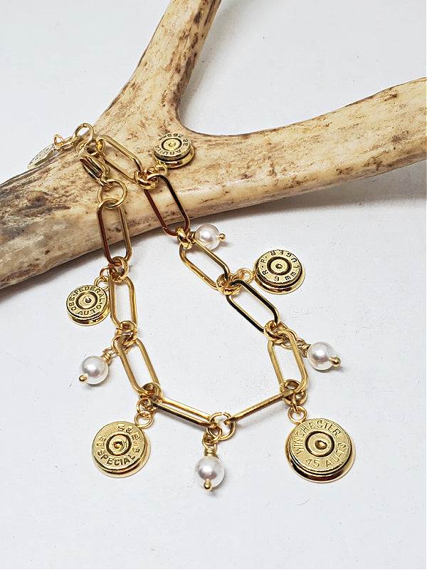 Paperclip Chain Bullet & Pearl Gold Charm Bracelet