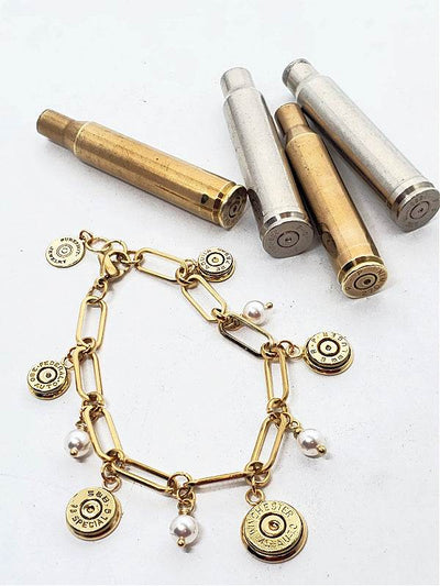 Paperclip Chain Bullet & Pearl Gold Charm Bracelet