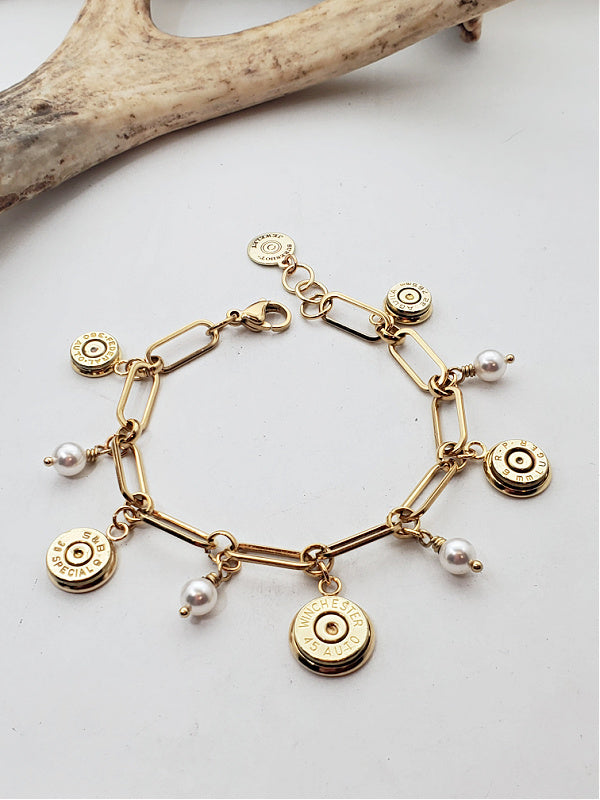 Paperclip Chain Bullet & Pearl Gold Charm Bracelet