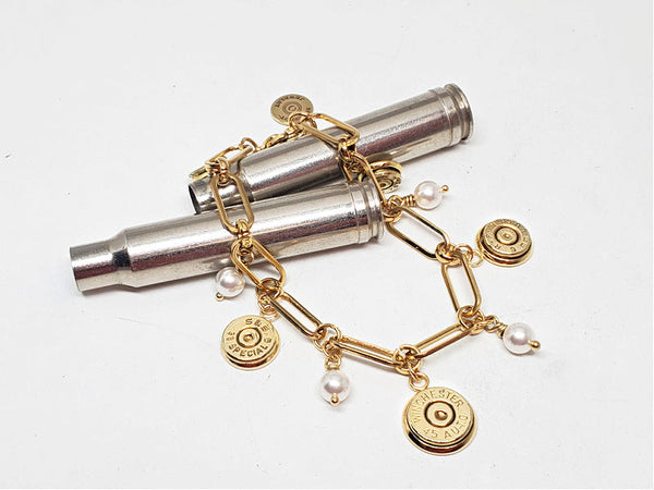 Paperclip Chain Bullet & Pearl Gold Charm Bracelet