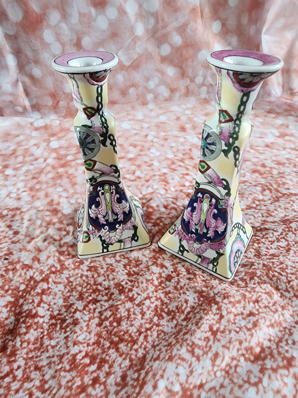 Vintage Capo Style Hand Painted Designer  Candle Candlestick Holders 8.5