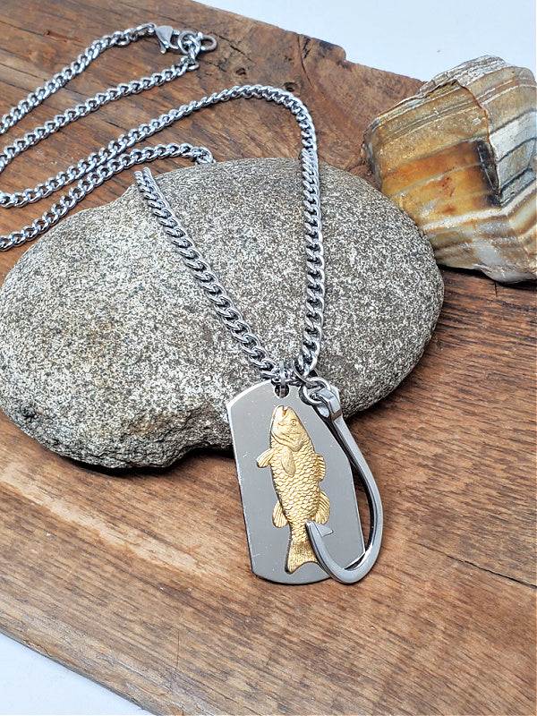 Men's Brass Trout Dog Tag & Fish Hook Stainless Steel Necklace