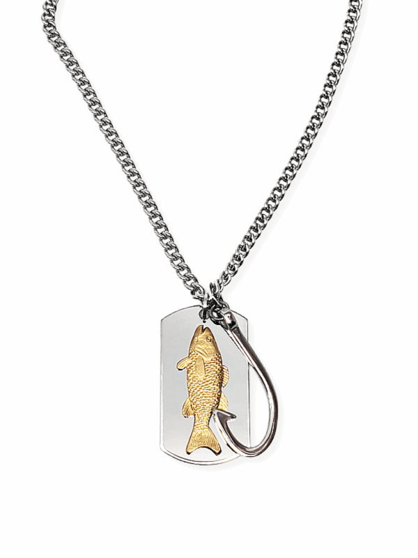 Men's Brass Trout Dog Tag & Fish Hook Stainless Steel Necklace