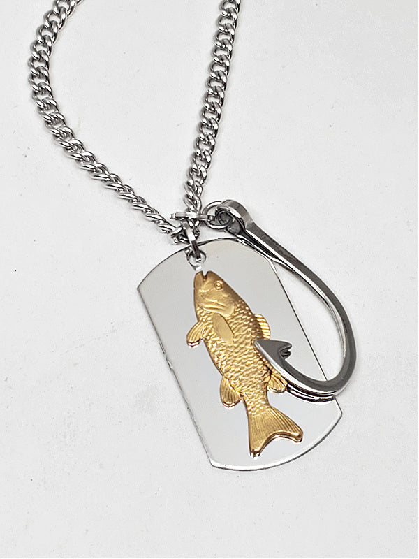 Men's Brass Trout Dog Tag & Fish Hook Stainless Steel Necklace