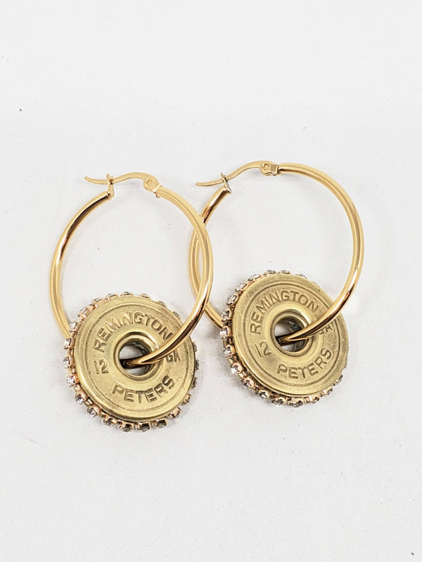 12 Gauge Shotshell Diamond Studded Gold Hoop Earrings