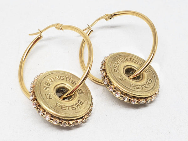 12 Gauge Shotshell Diamond Studded Gold Hoop Earrings