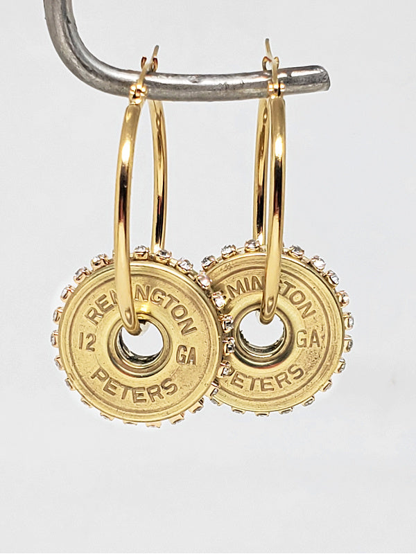 12 Gauge Shotshell Diamond Studded Gold Hoop Earrings