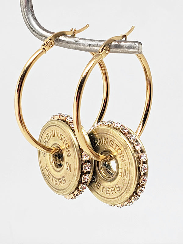 12 Gauge Shotshell Diamond Studded Gold Hoop Earrings