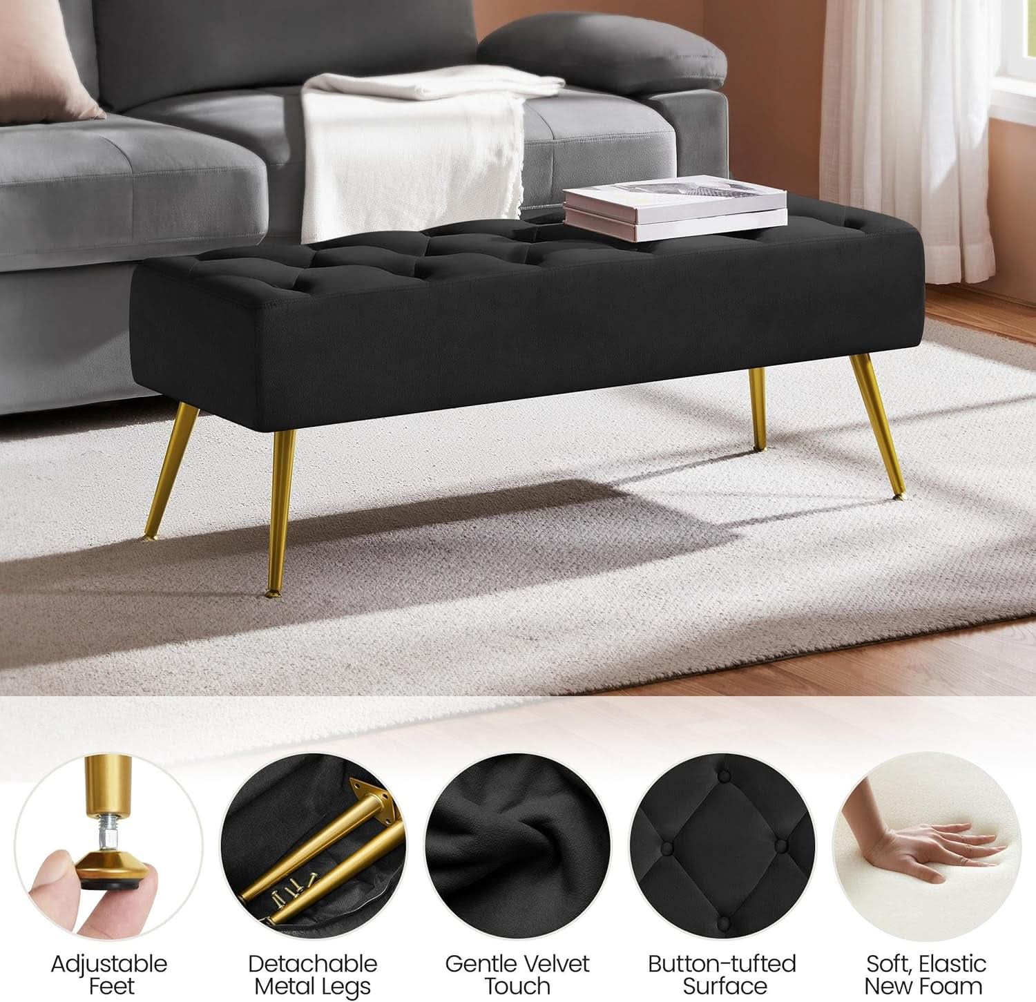 Black Velvet Upholstered Ottoman Bench Golden Legs
