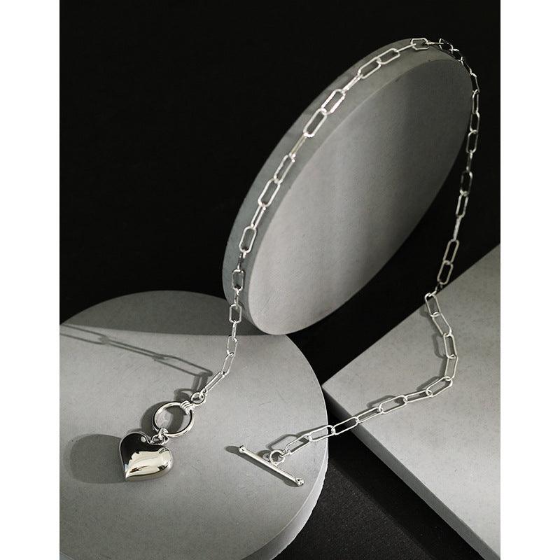 925 Sterling Silver Heart Pendant Necklace T buckle Chain  for Womens Jewelry