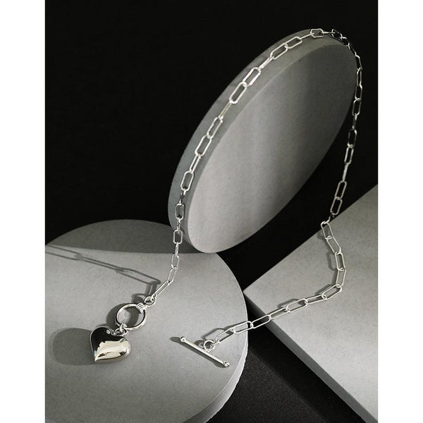 925 Sterling Silver Heart Pendant Necklace T buckle Chain  for Womens Jewelry
