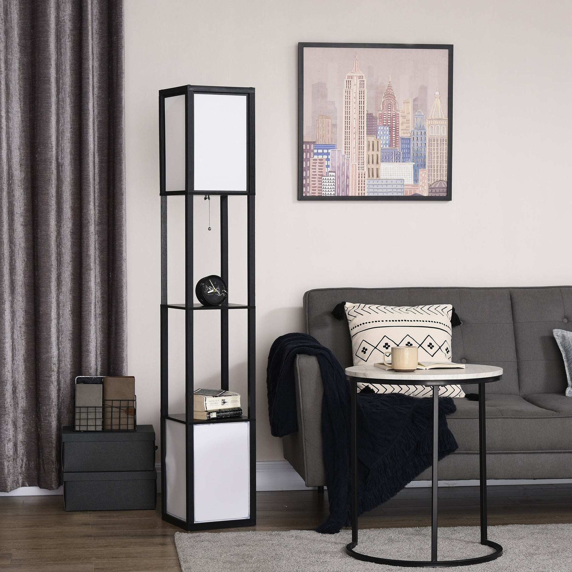 Boho Shelf Floor Lamp with Dual Fabric Shades & Built-In Storage Shelves