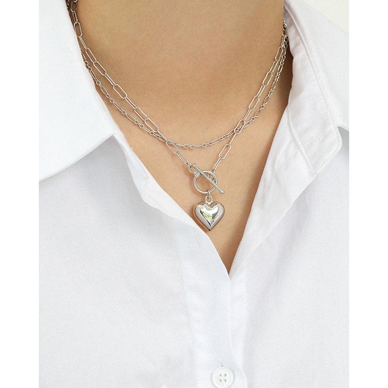 925 Sterling Silver Heart Pendant Necklace T buckle Chain  for Womens Jewelry