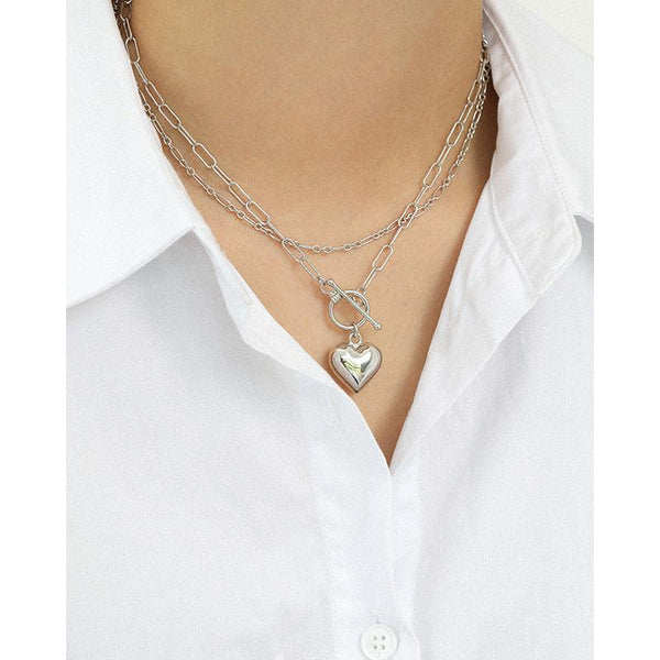 925 Sterling Silver Heart Pendant Necklace T buckle Chain  for Womens Jewelry