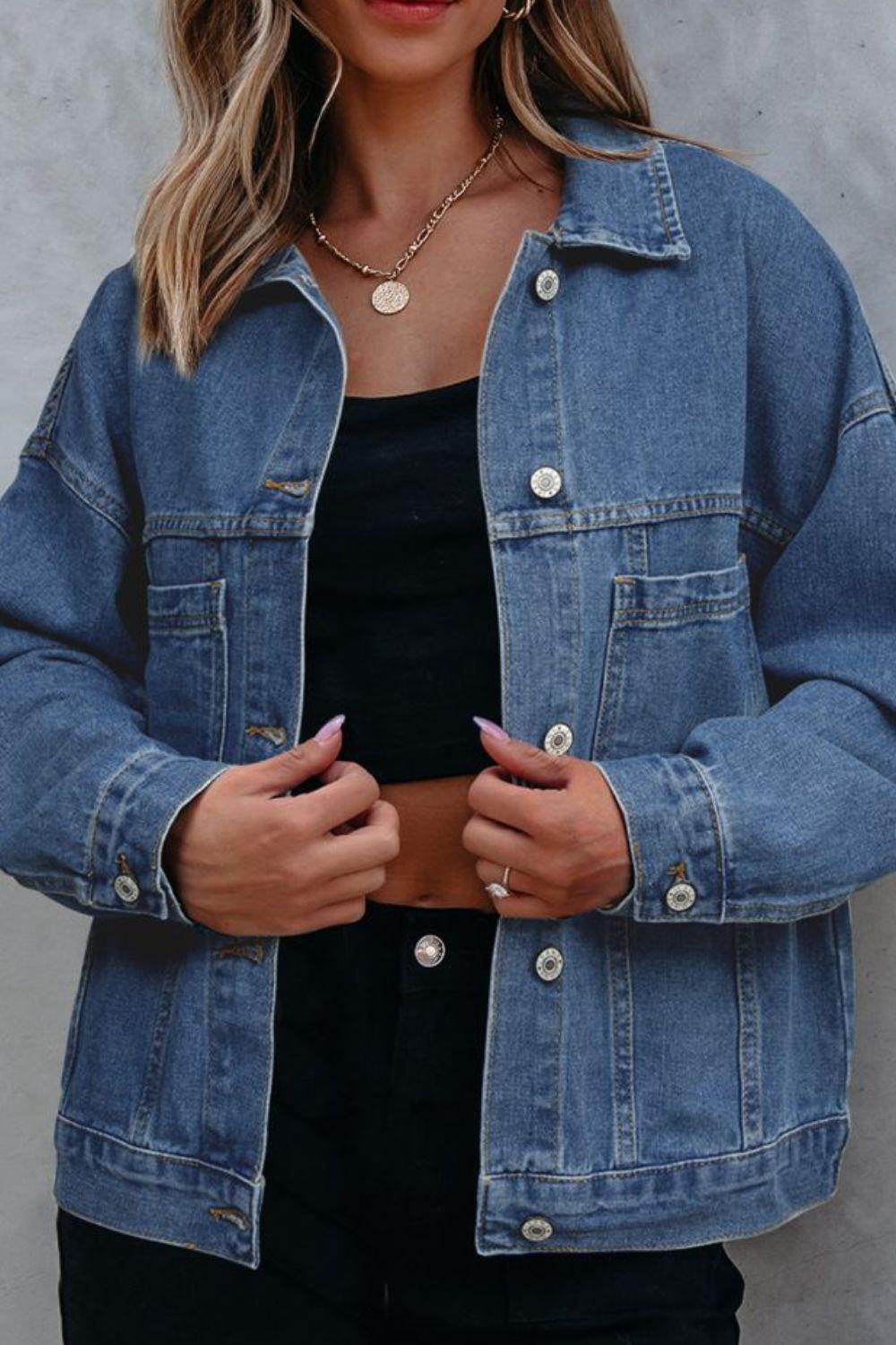 Stylish Pocketed Button Up Denim Jacket for Women