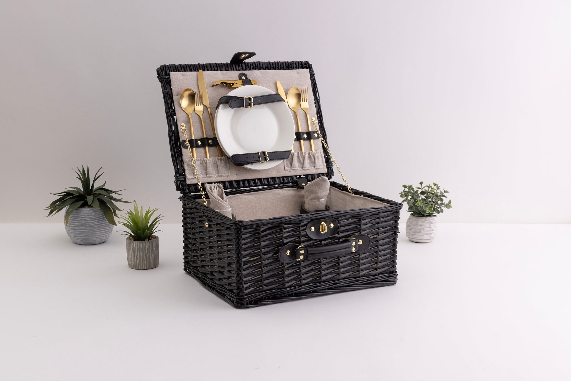 Picnic Basket Set for 2, Black Willow with Beige Accents